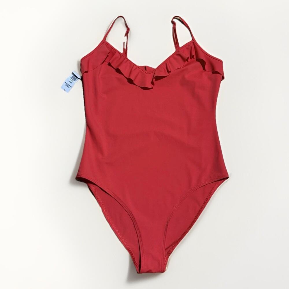 Wilfred Aritzia Danette Red Ribbed Knit Ruffle Bodysuit Top Women's Small NWT